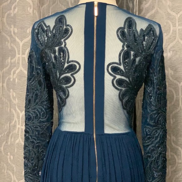 NWT Elie Saab Peacock Blue Sequin Beaded Long Sleeve Gown Dress, Sz 36 - Picture 10 of 14